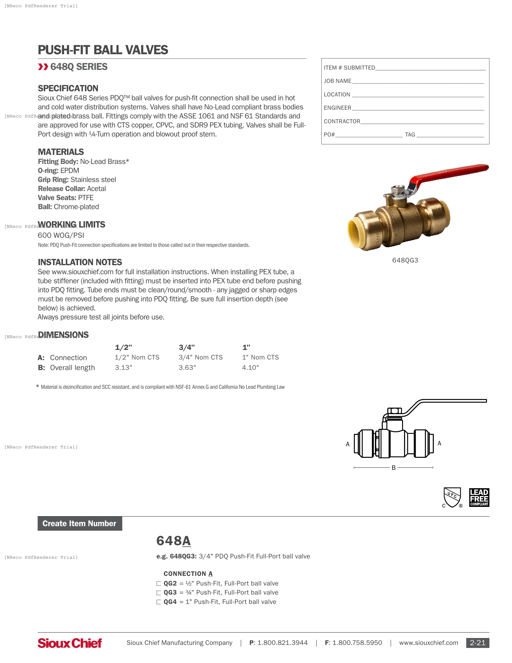 648 SERIES - PDQ BRASS BALL VALVE - SPEC SHEET.PDF Specification Document